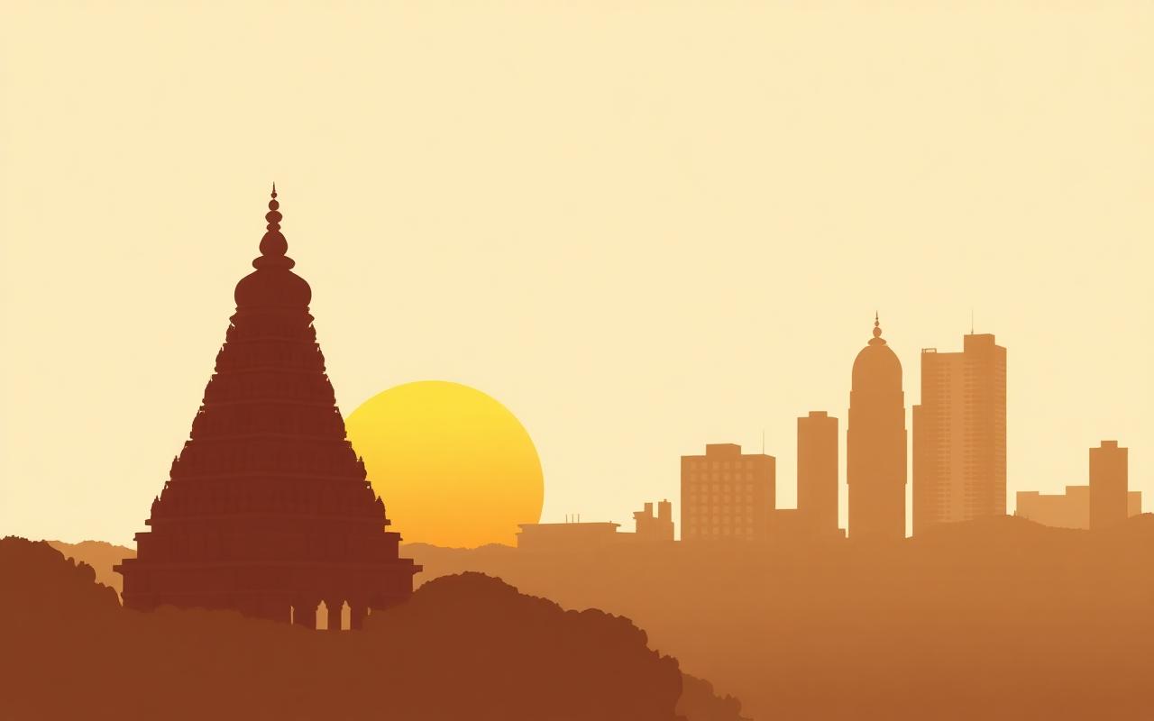 Tamil Nadu temple gopuram with Chennai skyline at sunrise